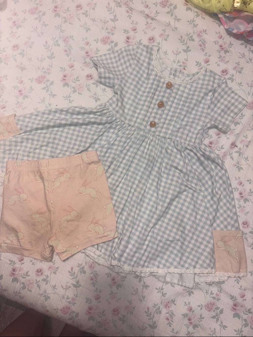 SweetHoney Blue Gingham Dress with Pink Bunny Shorts